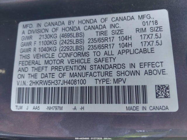 2HKRW5H37JH408100 Honda CR-V LX