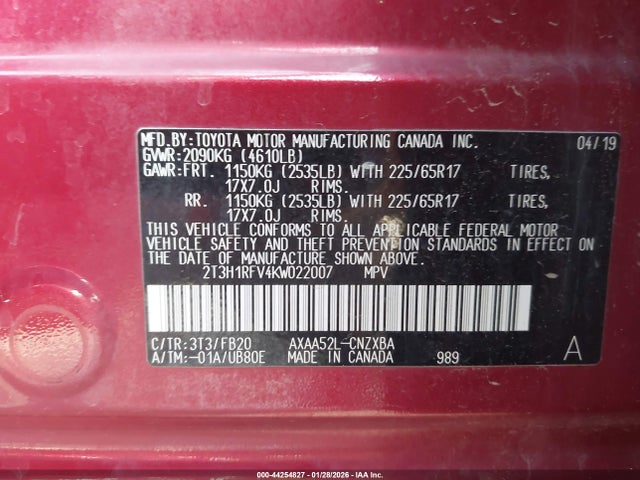 2T3H1RFV4KW022007 Toyota RAV4 LE