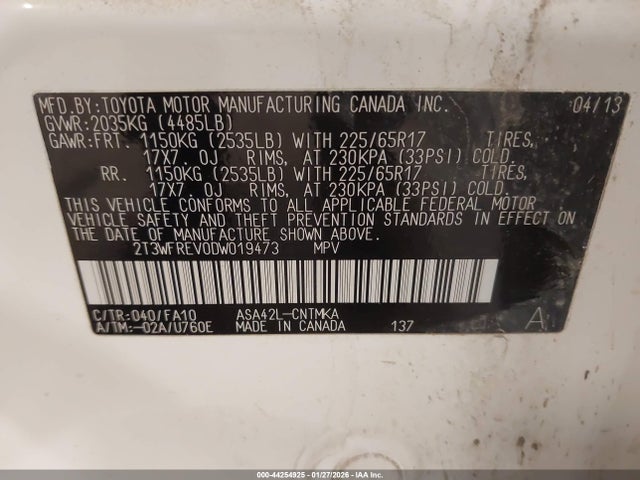 44254925 :رقم المزاد ، 2T3WFREV0DW019473 vin ، 2013 Toyota Rav4 Xle مزاد بيع