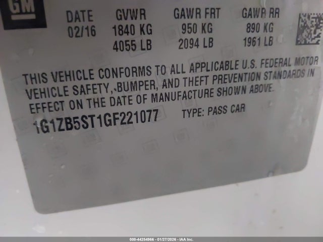 44254966 :رقم المزاد ، 1G1ZB5ST1GF221077 vin ، 2016 Chevrolet Malibu Ls مزاد بيع