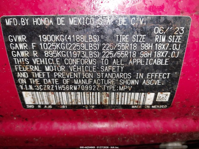 3CZRZ1H56RM709927 Honda Hr-v 2wd Sport/2wd Sport W/o Bsi