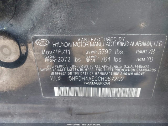 Aukcja sprzedaży 2012 Hyundai Elantra Gls, vin: 5NPDH4AE0CH067202, numer aukcji: 44255080