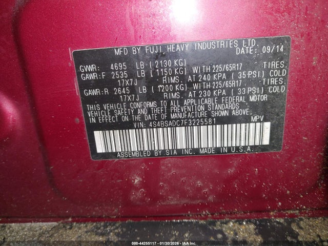 44255117 :رقم المزاد ، 4S4BSADC7F3225581 vin ، 2015 Subaru Outback 2.5i Premium مزاد بيع