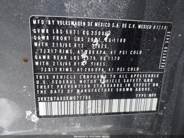 44255212 :رقم المزاد ، 3VV2B7AX0KM077766 vin ، 2019 Volkswagen Tiguan 2.0t Se/2.0t Sel/2.0t Sel R-line/2.0t Sel R-line Black مزاد بيع