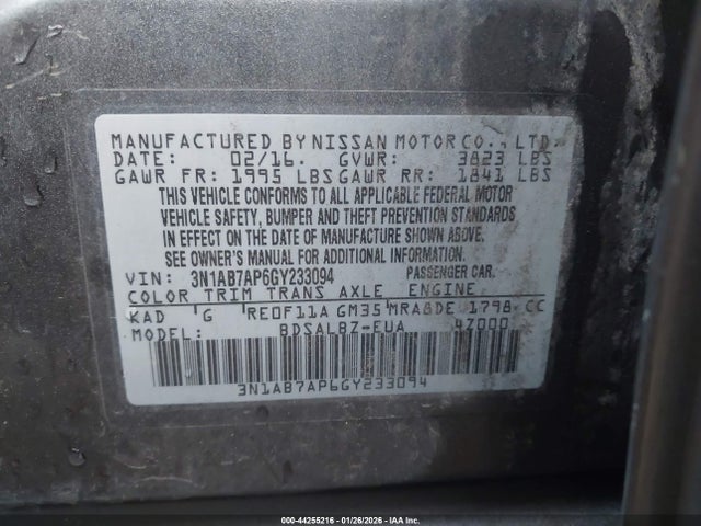 3N1AB7AP6GY233094 Nissan Sentra Fe+ S/s/sl/sr/sv