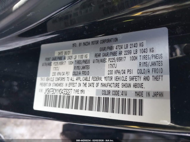 44255234 :رقم المزاد ، JM3KFBCM1M0433227 vin ، 2021 Mazda Cx-5 Touring مزاد بيع