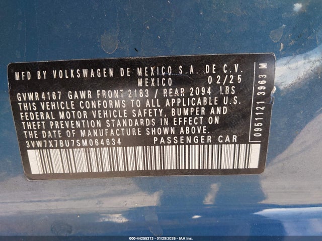 2025 Volkswagen Jetta 1.5t Se მანქანა იყიდება აუქციონზე, vin: 3VW7X7BU7SM064634, აუქციონის ნომერი: 44255313