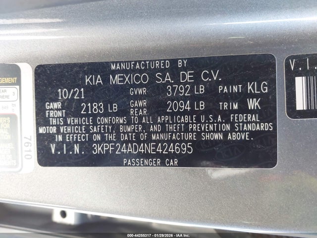 3KPF24AD4NE424695 KIA Forte Lxs