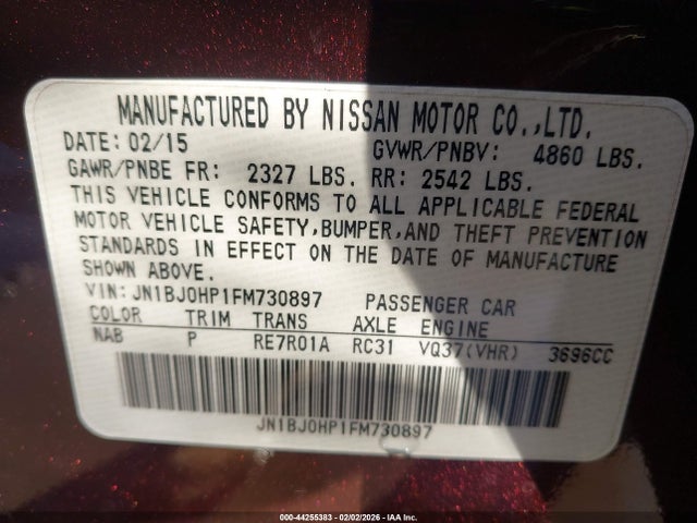 Auction sale of the 2015 Infiniti Qx50 Journey, vin: JN1BJ0HP1FM730897, lot number: 44255383