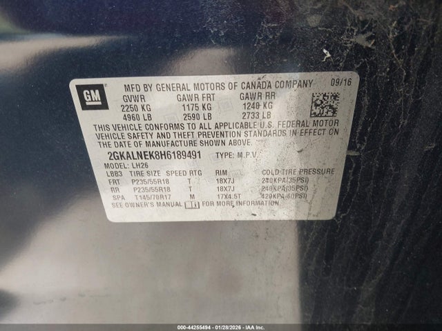 Aukcja sprzedaży 2017 Gmc Terrain Sle-2, vin: 2GKALNEK8H6189491, numer aukcji: 44255494
