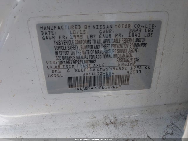 Продажа на аукционе авто 2015 Nissan Sentra Sv, vin: 3N1AB7AP2FL687662, номер лота: 44255544
