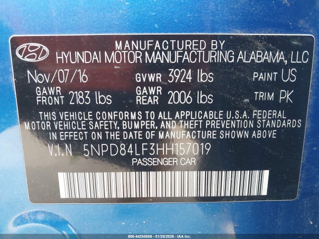 5NPD84LF3HH157019 Hyundai ELANTRA SE