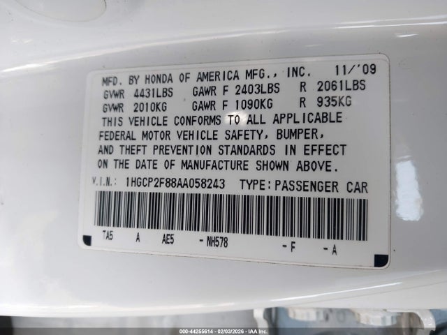 2010 Honda Accord 2.4 Ex-l მანქანა იყიდება აუქციონზე, vin: 1HGCP2F88AA058243, აუქციონის ნომერი: 44255614
