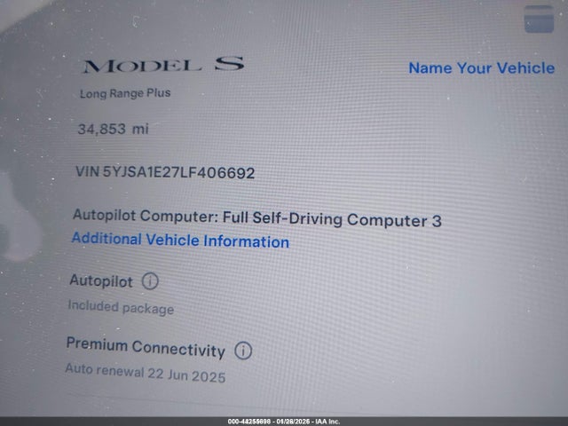 5YJSA1E27LF406692 Tesla Model S Long Range Dual Motor All-wheel Drive/long Range Plus Dual Motor All-wheel Drive