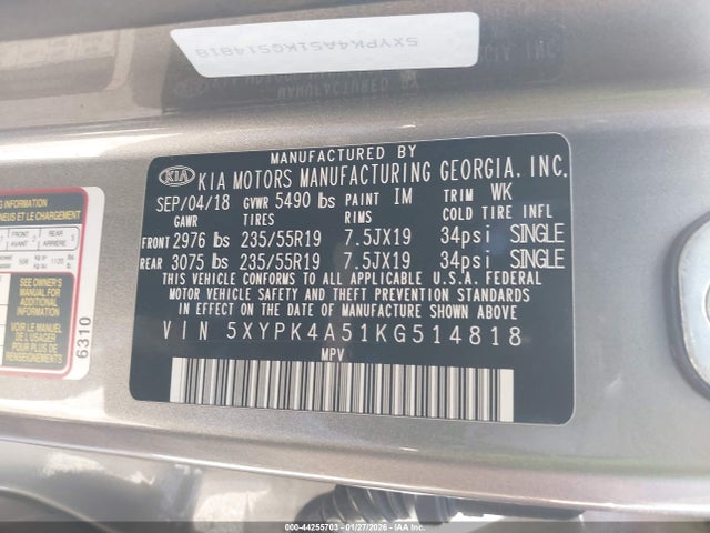 5XYPK4A51KG514818 KIA Sorento 3.3l Sx