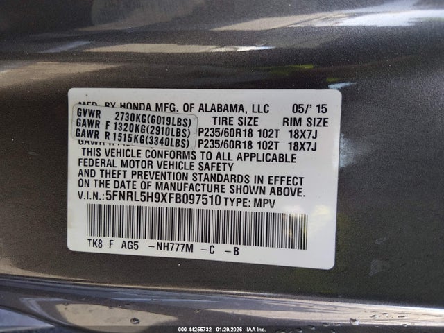 5FNRL5H9XFB097510 Honda Odyssey Touring/touring Elite