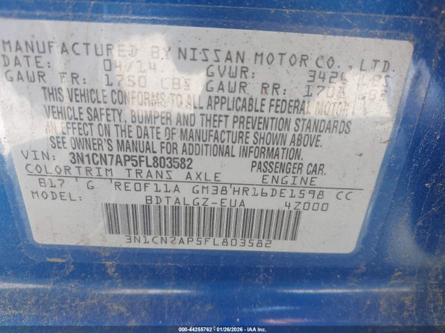 44255762 :رقم المزاد ، 3N1CN7AP5FL803582 vin ، 2015 Nissan Versa 1.6 Sl مزاد بيع