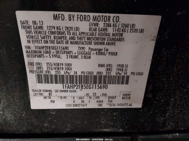 44255831 :رقم المزاد ، 1FAHP2F85EG115690 vin ، 2014 Ford Taurus Limited مزاد بيع
