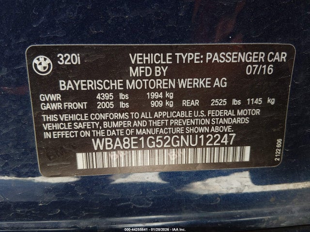Aukcja sprzedaży 2016 Bmw 320i, vin: WBA8E1G52GNU12247, numer aukcji: 44255841