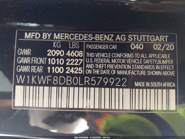 Aukcja sprzedaży 2020 Mercedes-benz C 300, vin: W1KWF8DB0LR579922, numer aukcji: 44255866