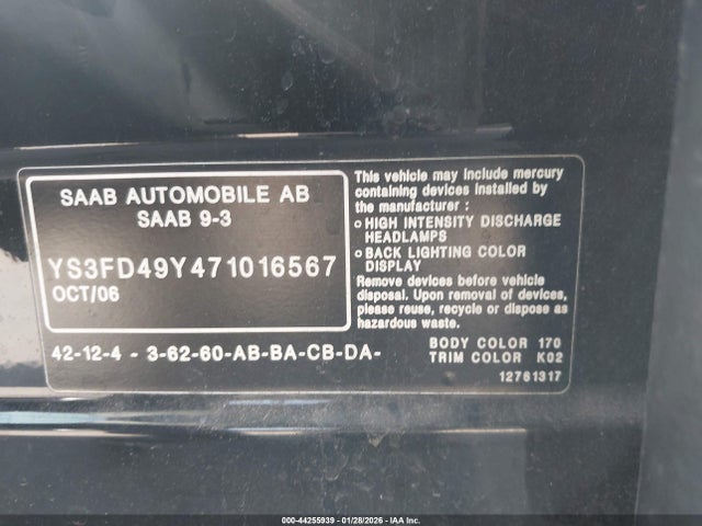 2007 SAAB 9-3 YS3FD49Y471016567 Photo 8