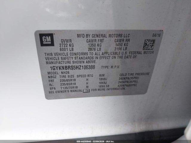 1GYKNBRS5HZ106388 Cadillac XT5 LUXURY
