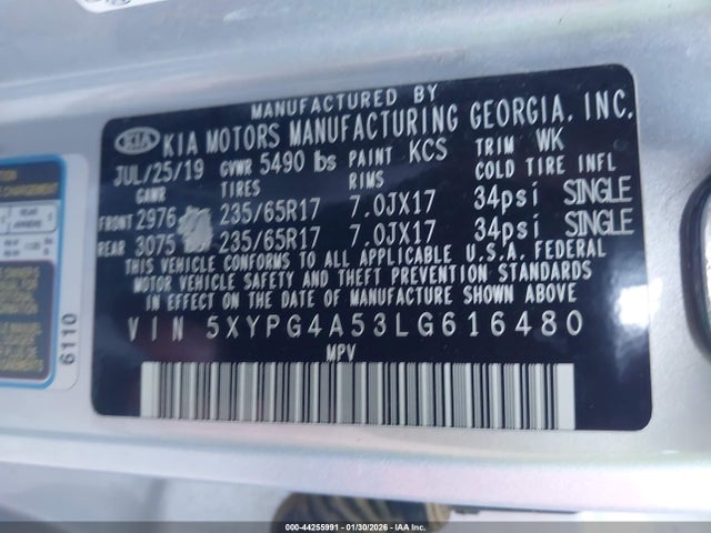 44255991 :رقم المزاد ، 5XYPG4A53LG616480 vin ، 2020 Kia Sorento 3.3l Lx مزاد بيع