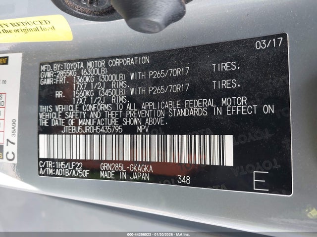 Aukcja sprzedaży 2017 Toyota 4runner Trd Pro, vin: JTEBU5JR0H5435795, numer aukcji: 44256023