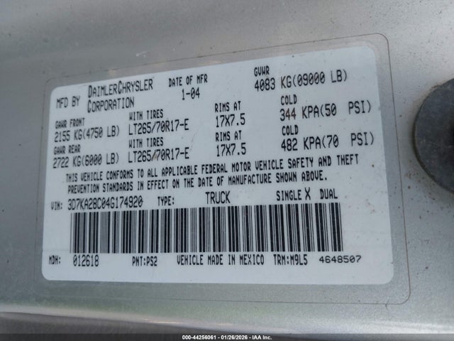 Aukcja sprzedaży 2004 Dodge Ram 2500 Slt/laramie, vin: 3D7KA28C04G174920, numer aukcji: 44256061