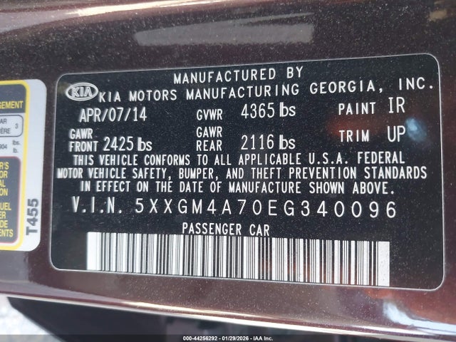 5XXGM4A70EG340096 KIA Optima Lx