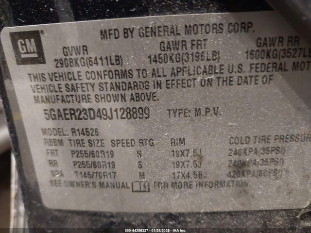 44256337 :رقم المزاد ، 5GAER23D49J128899 vin ، 2009 Buick Enclave Cxl مزاد بيع