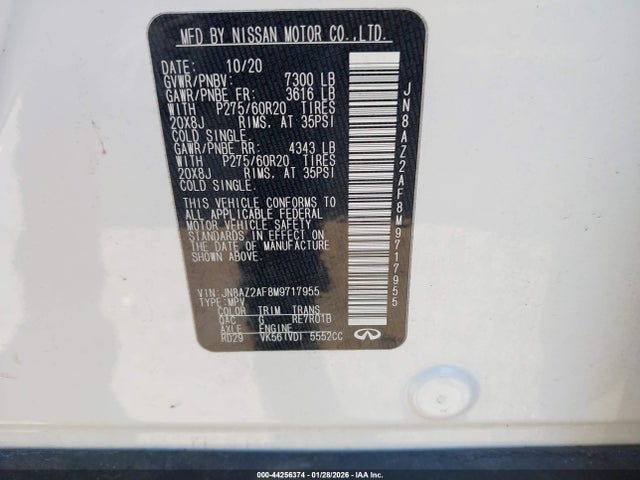 44256374 :رقم المزاد ، JN8AZ2AF8M9717955 vin ، 2021 Infiniti Qx80 Luxe مزاد بيع