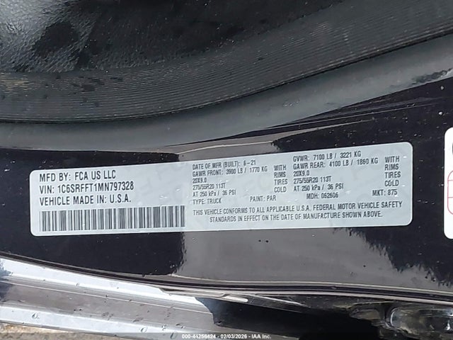 Продажа на аукционе авто 2021 Ram 1500 Big Horn  4x4 5'7 Box, vin: 1C6SRFFT1MN797328, номер лота: 44256424