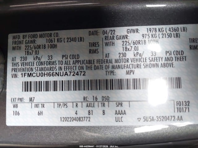 1FMCU0H66NUA72472 Ford ESCAPE SEL