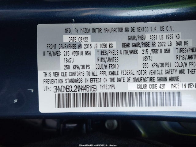 44256525 :رقم المزاد ، 3MVDMBCL2NM445169 vin ، 2022 Mazda Cx-30 Preferred مزاد بيع