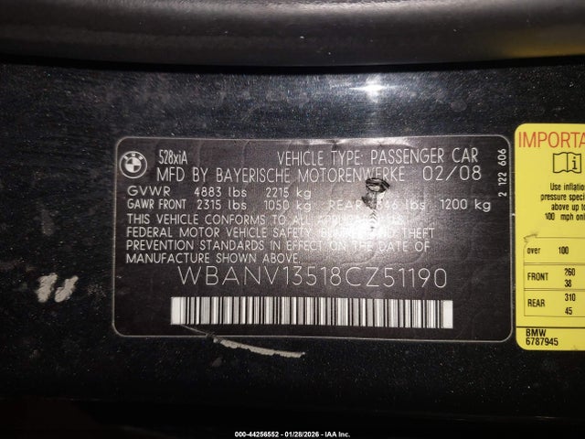 Aukcja sprzedaży 2008 Bmw 528xi, vin: WBANV13518CZ51190, numer aukcji: 44256552
