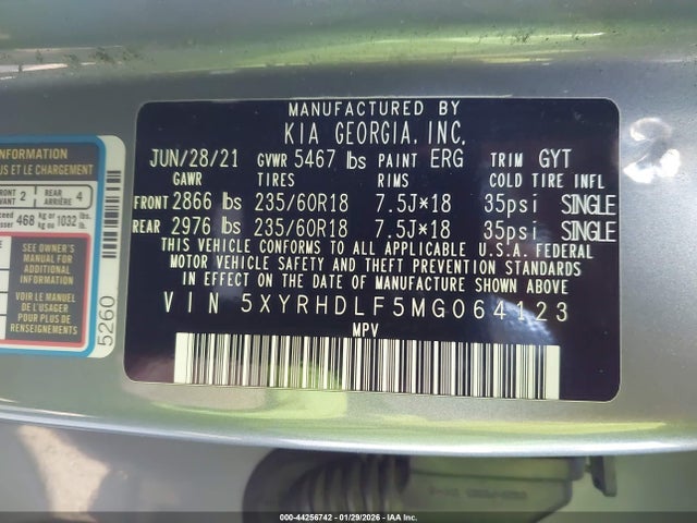 Auction sale of the 2021 Kia Sorento Ex, vin: 5XYRHDLF5MG064123, lot number: 44256742