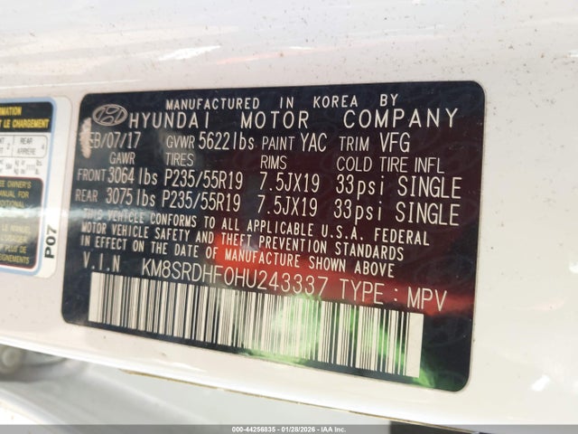 Продаж на аукціоні авто 2017 Hyundai Santa Fe Limited Ultimate, vin: KM8SRDHF0HU243337, номер лоту: 44256835
