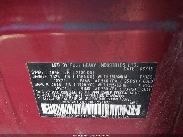 2015 Subaru Outback 2.5i Limited მანქანა იყიდება აუქციონზე, vin: 4S4BSBLC6F3352975, აუქციონის ნომერი: 44256843