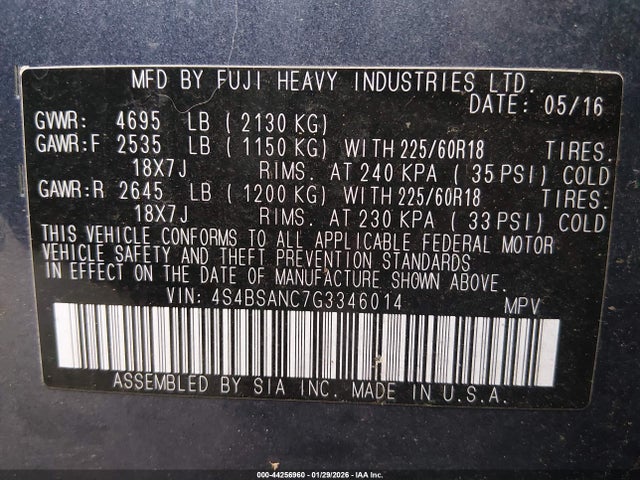 4S4BSANC7G3346014 Subaru Outback 2.5i Limited