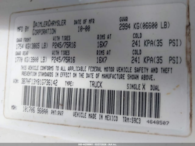 Продаж на аукціоні авто 2001 Dodge Ram 1500, vin: 3B7HF13Y81G736142, номер лоту: 44256961