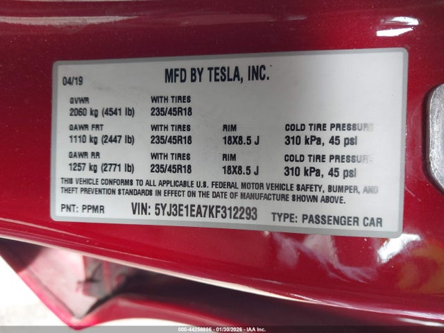 44256996 :رقم المزاد ، 5YJ3E1EA7KF312293 vin ، 2019 Tesla Model 3 Long Range/mid Range/standard Range/standard Range Plus مزاد بيع