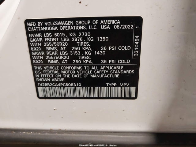 Продажа на аукционе авто 2023 Volkswagen Atlas 3.6l V6 Sel, vin: 1V2BR2CA4PC506310, номер лота: 44257029