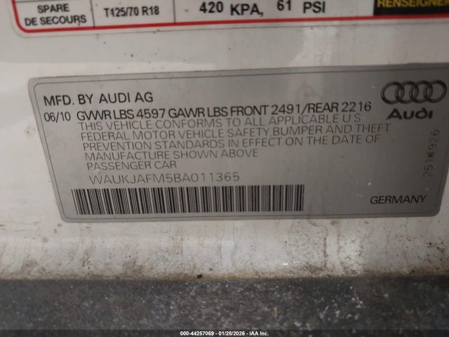 44257069 :رقم المزاد ، WAUKJAFM5BA011365 vin ، 2011 Audi A3 2.0 Tdi Premium مزاد بيع