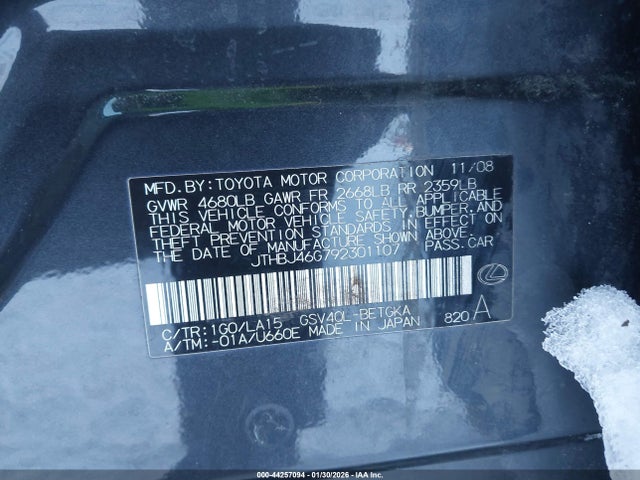 Продажа на аукционе авто 2009 Lexus Es 350, vin: JTHBJ46G792301107, номер лота: 44257094
