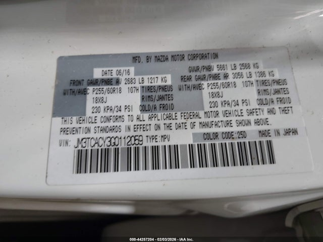 Aukcja sprzedaży 2016 Mazda Cx-9 Touring, vin: JM3TCACY3G0112059, numer aukcji: 44257204