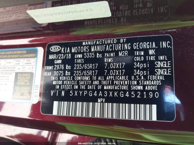 5XYPG4A3XKG452190 KIA Sorento 2.4l Lx
