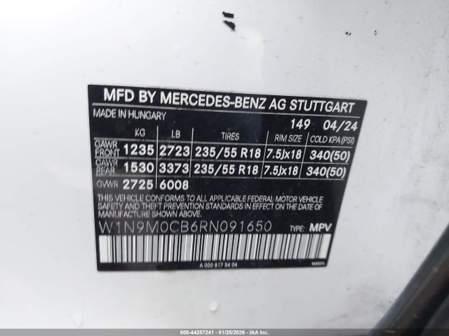 2024 Mercedes-benz Eqb 250 Suv მანქანა იყიდება აუქციონზე, vin: W1N9M0CB6RN091650, აუქციონის ნომერი: 44257241