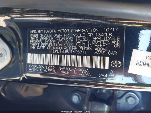 JTDKDTB38J1605711 Toyota Prius C Four