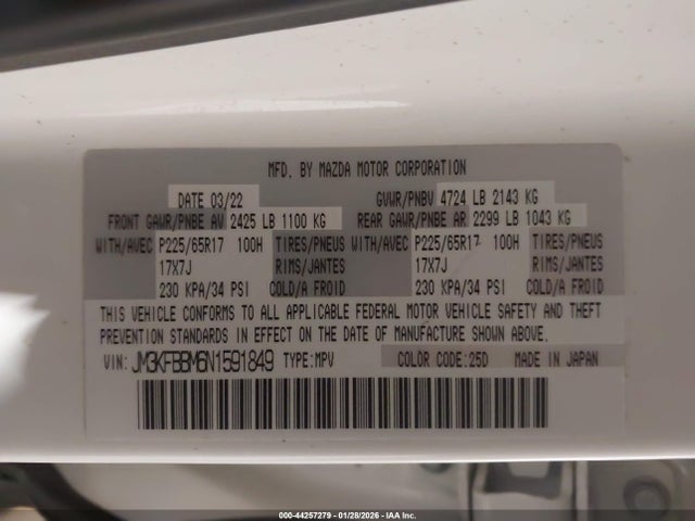 44257279 :رقم المزاد ، JM3KFBBM6N1591849 vin ، 2022 Mazda Cx-5 2.5 S Select مزاد بيع